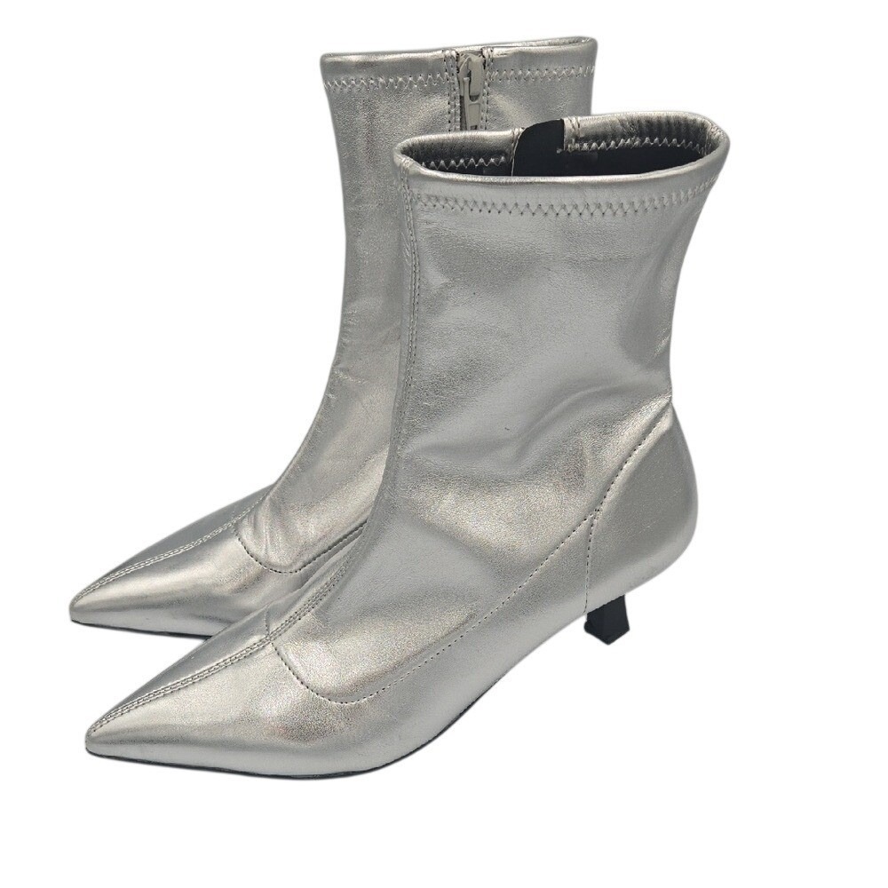 Abound Erinn Pointed Toe‎ Heel Boots Silver Metallic Club Party Size 7.5 Zip Up